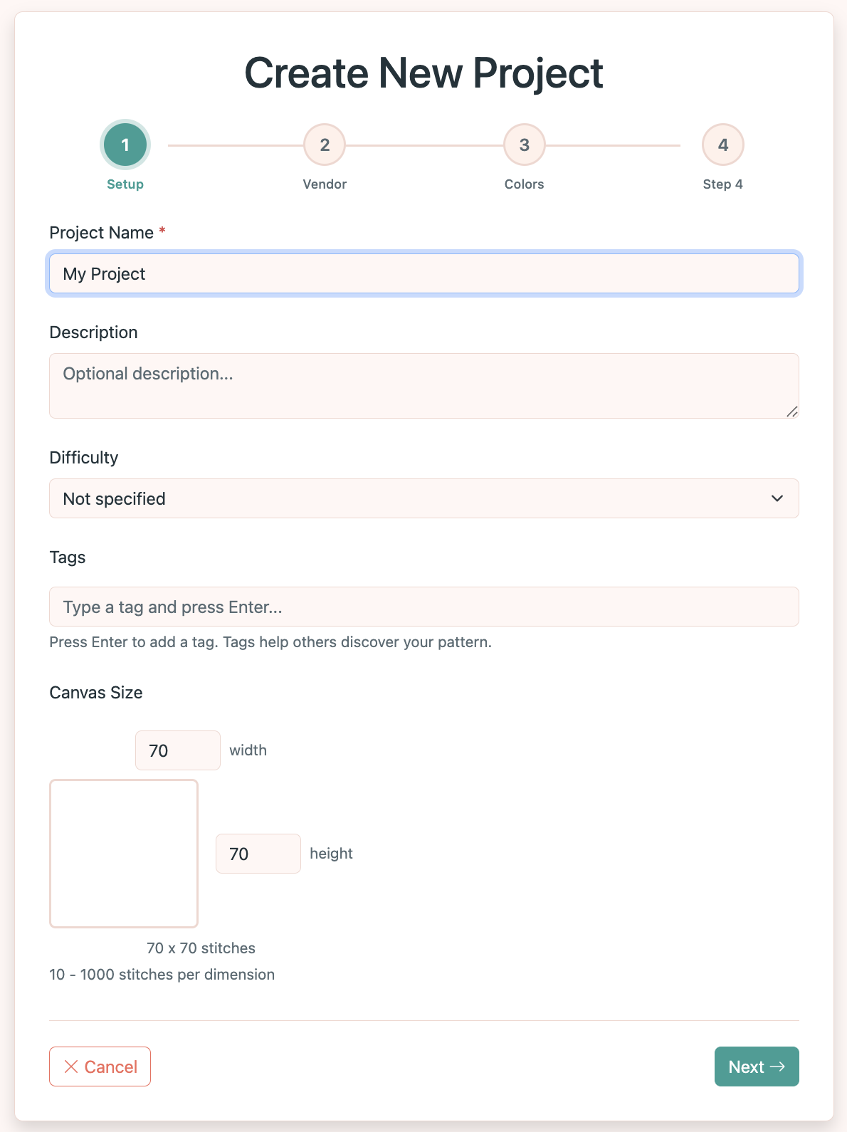 Project setup form: name, description, canvas size