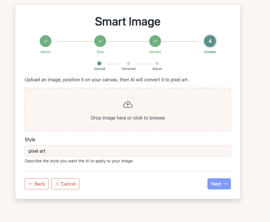 Smart Image upload page with drop zone and style field