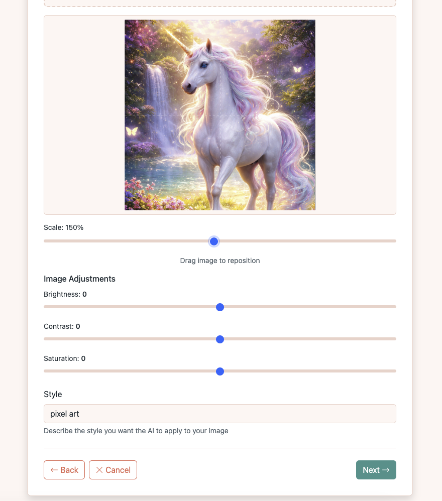 Image positioned on canvas at 150% scale with adjustment sliders
