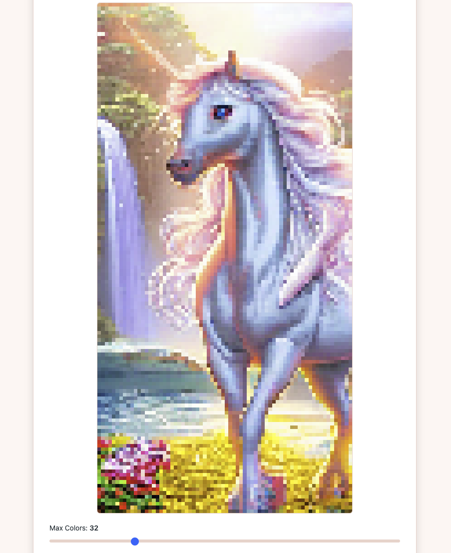 AI-generated pixel art result of a unicorn with Max Colors slider