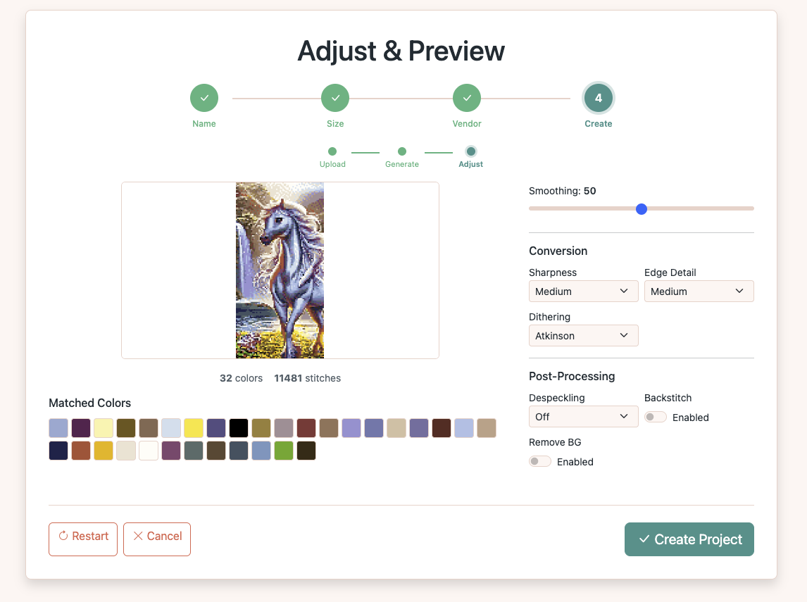 Adjust and Preview screen showing 32 matched DMC colors and conversion settings