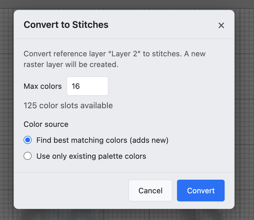 Convert dialog with max colors and color source options