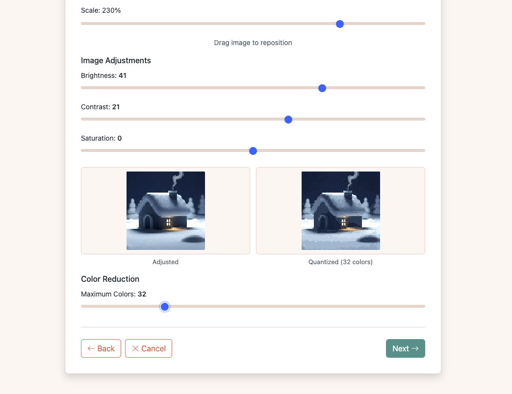 Image adjustments showing brightness 41, contrast 21, and side-by-side adjusted vs quantized preview