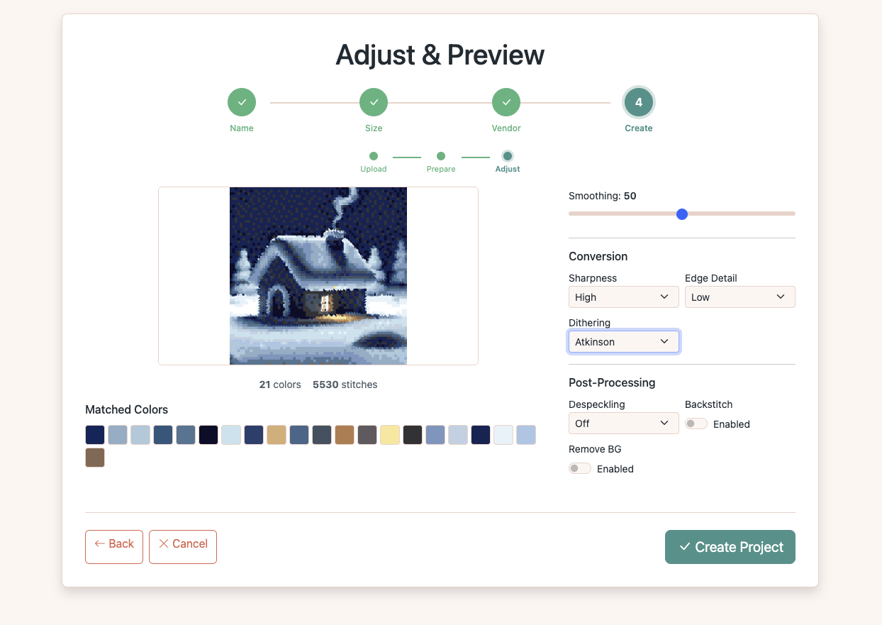Adjust and Preview screen showing cross stitch preview with 21 matched DMC colors and conversion settings