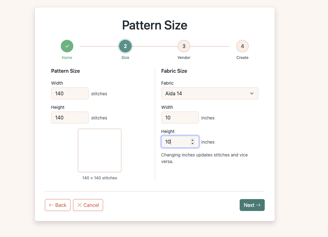 Pattern size wizard updated to 140x140 stitches, 10x10 inches on Aida 14