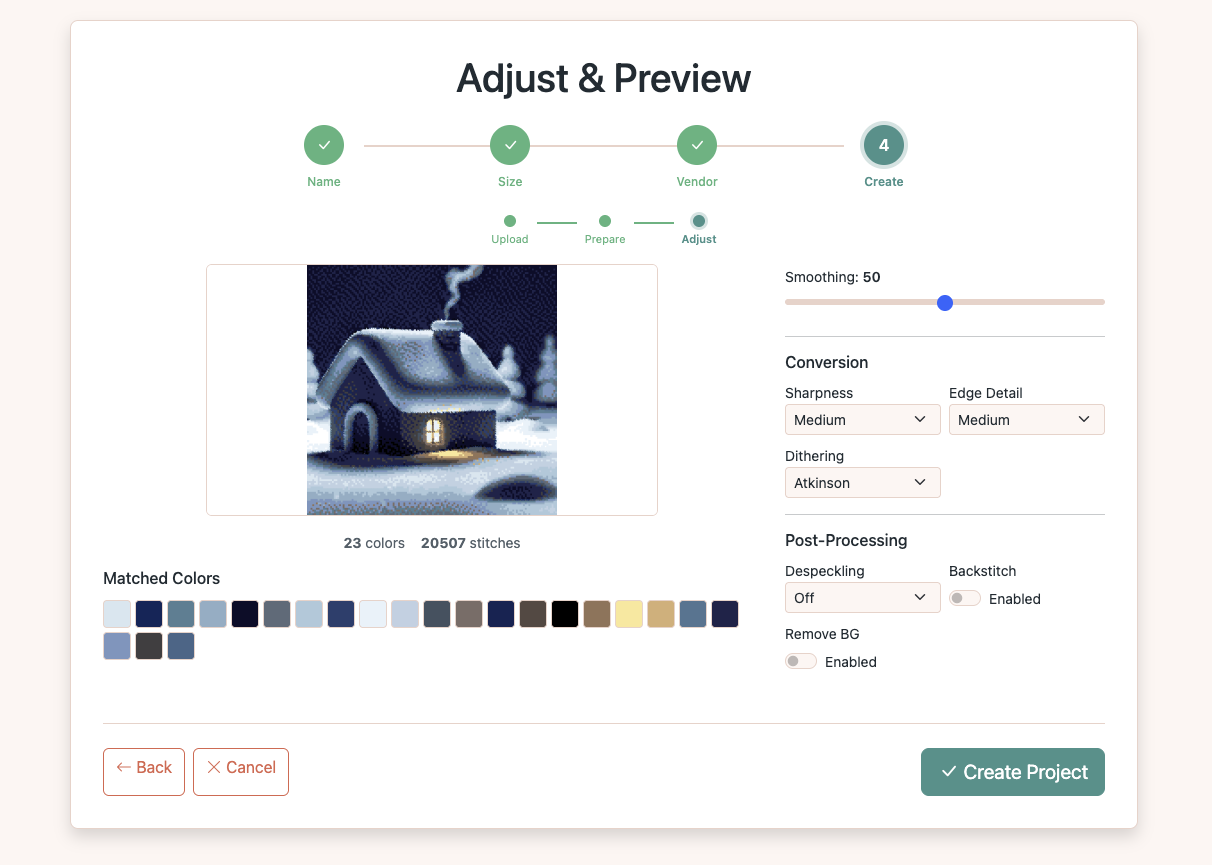 Final Adjust and Preview at 140x140 showing improved detail with 23 colors and 20507 stitches