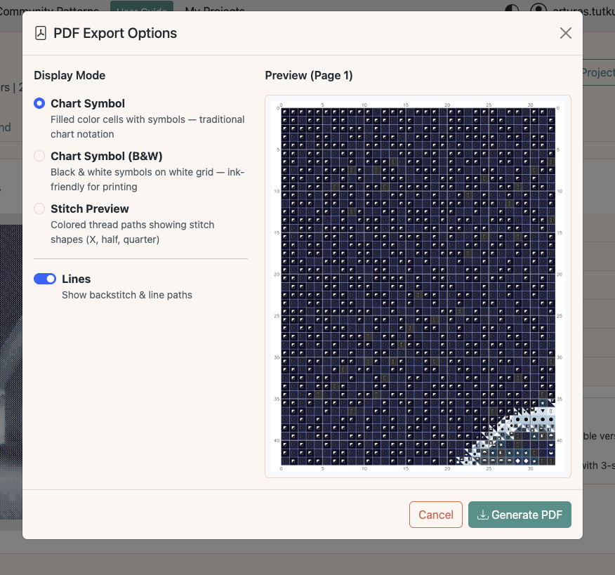 PDF export options modal showing Chart Symbol, B&W, and Stitch Preview display modes