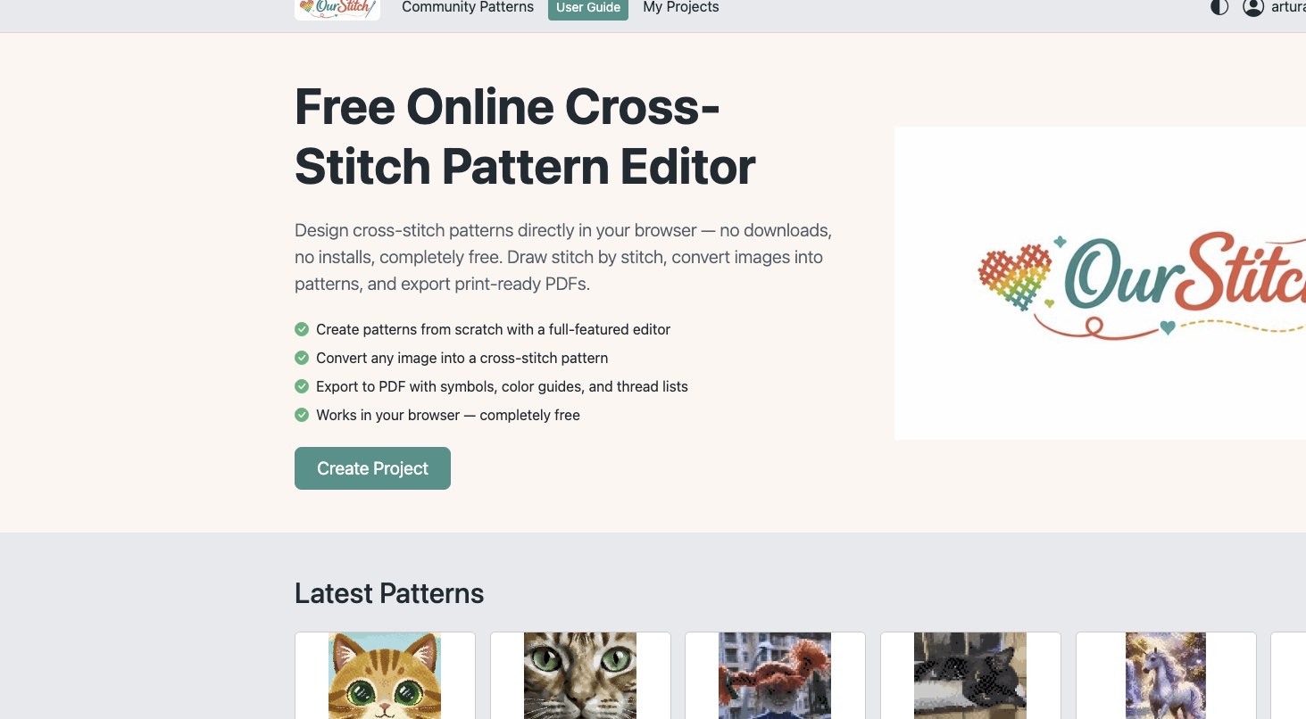 OurStitch home page with Create Project button