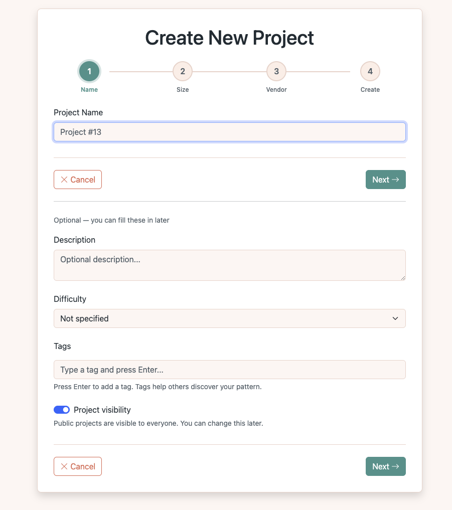 Project creation wizard step 1: enter project name and description