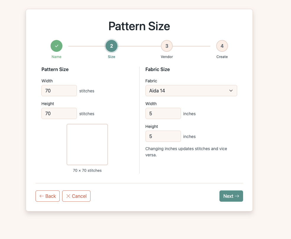 Pattern size wizard showing 70x70 stitches and 5x5 inches on Aida 14