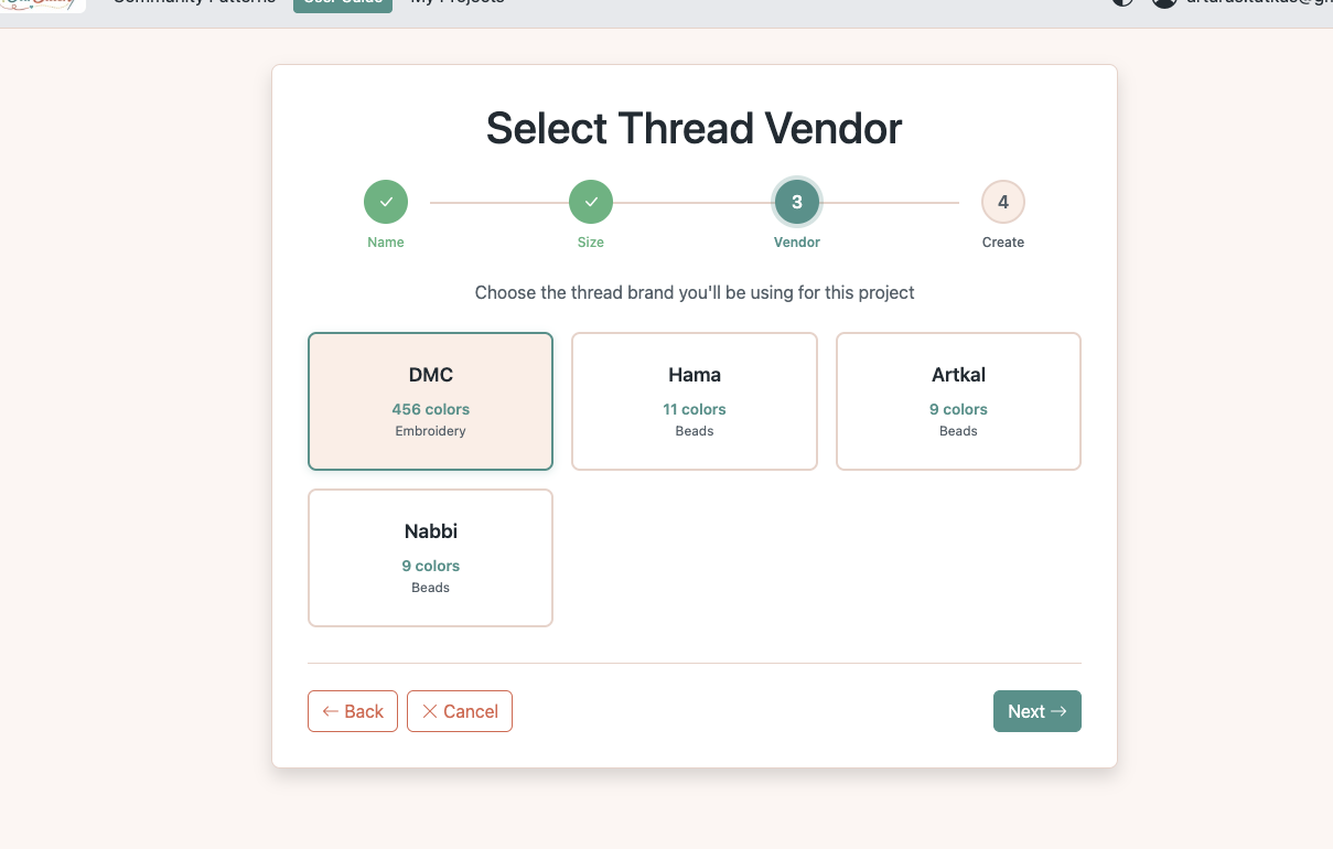 Thread vendor selection with DMC selected showing 456 colors
