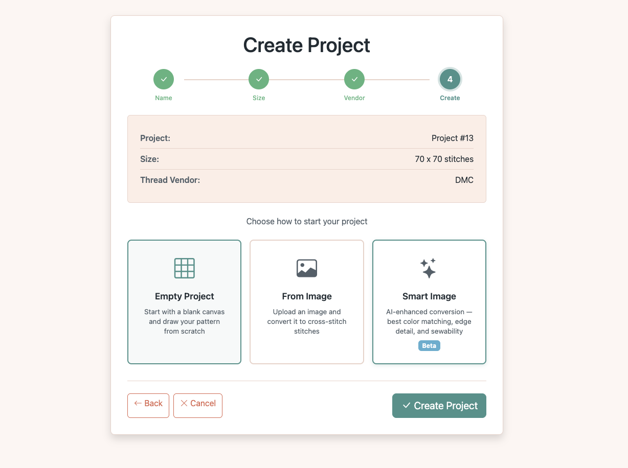 Create project step showing Empty Project, From Image, and Smart Image options