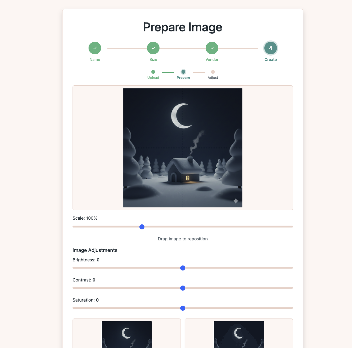 Prepare Image screen at 100% scale showing full winter house image on grid