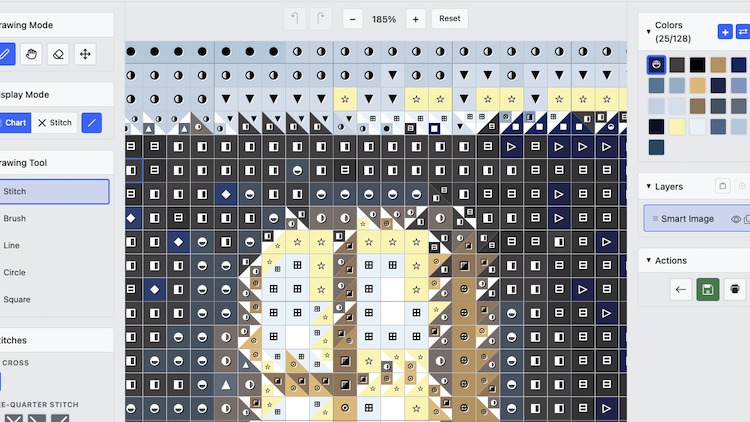 Editor zoomed in showing individual stitch symbols